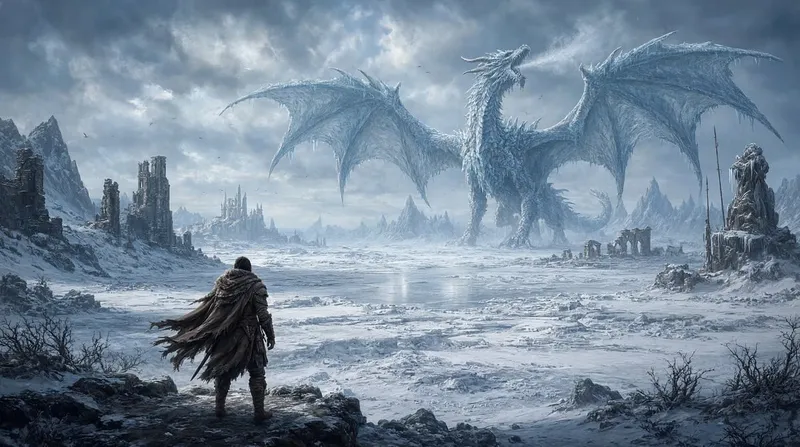 A traveler facing two white dragons in a frozen scene, from xAI