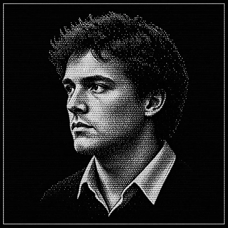 High-contrast halftone portrait from the xAI Image 2 launch