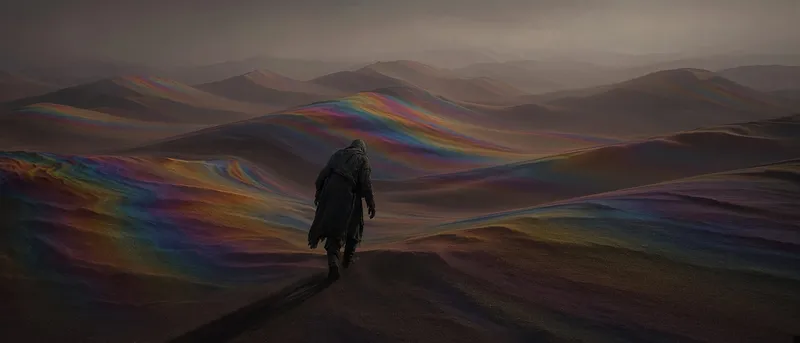 A wide iridescent desert scene from the xAI launch gallery