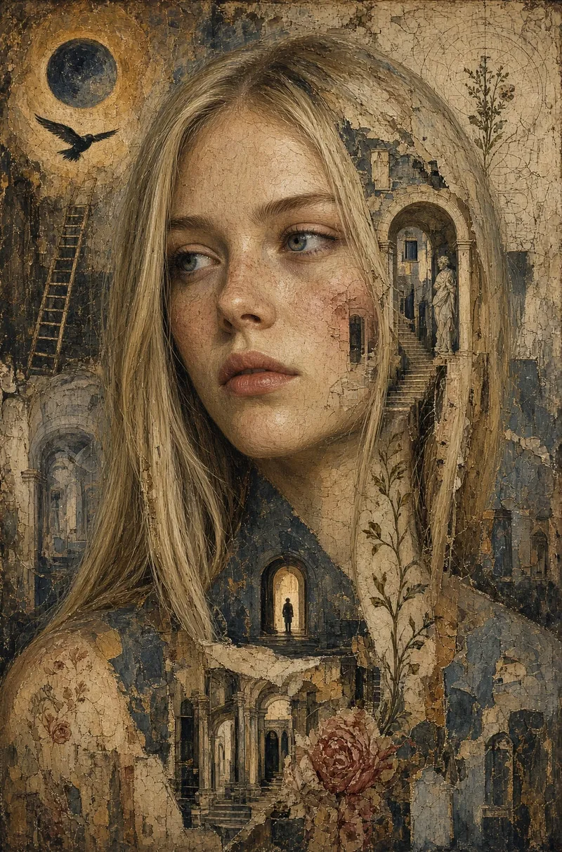 Portrait merged into a weathered medieval fresco, from xAI